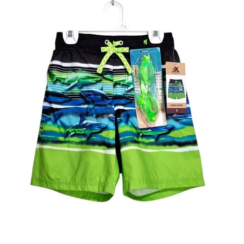 ZeroXposur Swim Shorts 8 Neon Lime Tidal Sharks Goggles UPF 50+ Board Trunks